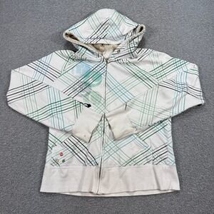 Y2K Roxy Hoodie Women's Small White Green Plaid Zip Up Sherpa Lined Classic Fit